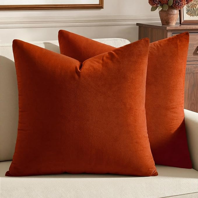 MIULEE Velvet Fall Throw Pillow Covers 22x22 Inch Pack of 2 Burnt Orange | Soft Solid Decorative Pillow Covers, Modern Luxury Home Decor, for Couch Chair Sofa Bedroom Livingroom