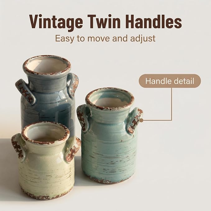 Ceramic Vase Set of 3 with Two Handles, Blue Neutral Rustic Modern Farmhouse Boho Decor, Versatile as Table Centerpiece or Mantel & Shelf Accent - Unique Home Gift Idea