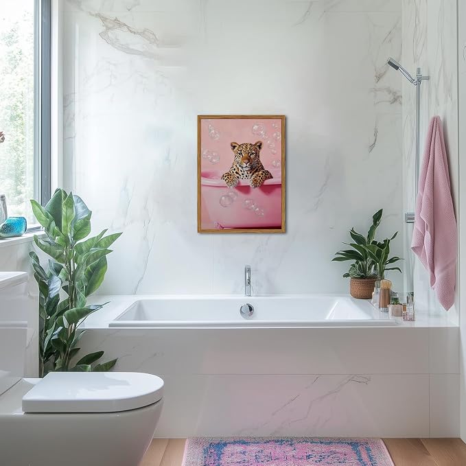 Funny Cheetah Bathroom Wall Art, Pink Leopard in Bathtub Wall Decor Paintings, Cute Animal Bathroom Poster Canvas Prints Maximalist Dopamine Girl Washroom Artwork 12x16 inch Framed