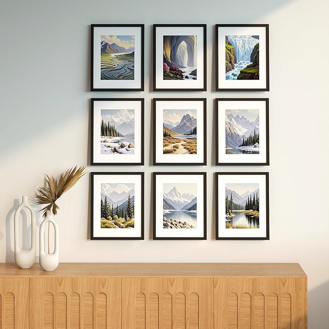 11x14 Picture Frame Set of 9, Display Pictures 8x10 with Mat or 11x14 without Mat, Multi Collage Gallery Square Photo Frames for Wall or Tabletop, Black
