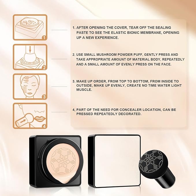 Air Cushion CC Cream - Long-Lasting Brightening Mushroom Head BB Cream Foundation for Face Makeup, Moisturizing Full Coverage Self Adjusting Concealer for Even Skin Tone (Natural, 1 PCS)