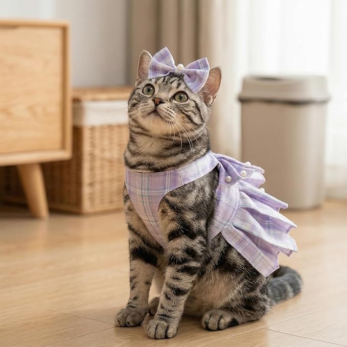 Cute Plaid Dog Dress Clothes for Small Dogs Cats Girl Purple Plaid Dog Dress with Pearls Bow Tie Harness Leash for Spring Summer Birthday Puppy Bunny Rabbit Yorkies Chihuahua Outfits