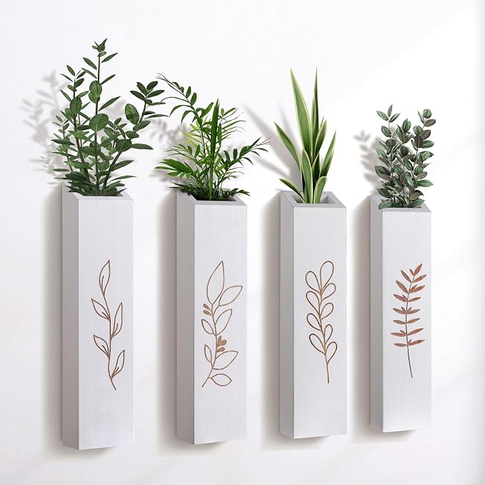 Wooden Wall Vase Planter Set of 4 | White Finish Farmhouse & Boho Wall Decor for Entryway, Hallway, Bathroom, Living Room, Dining Room