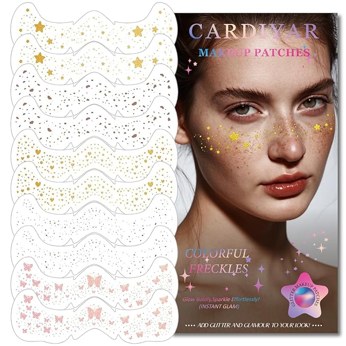 Glitter Freckles, 24PCS Glitter Freckles Face Tattoo, Sparkle Freckles for Women, Waterproof Gold Temporary Face Tattoos Glitter Glow Up Patches Makeup Patches (Multicolored 10pcs)