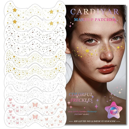Glitter Freckles, 24PCS Glitter Freckles Face Tattoo, Sparkle Freckles for Women, Waterproof Gold Temporary Face Tattoos Glitter Glow Up Patches Makeup Patches (Multicolored 10pcs)