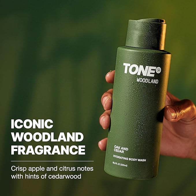 TONE Hydrating Body Wash for Men & Women, Woodland, Coconut-derived Cleansers Leaves Skin Clean, Moisturized & Refreshed, Long-lasting Iconic Scent, All Skin Types, Dermatologist-Tested, 16.9 oz