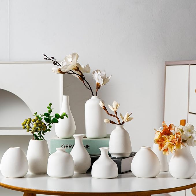 Tanvecle White Ceramic Bud Vase Set of 11, Small Vases for Pampas Grass, Flowers, Mini Vases for Modern Home Decor, Minimalist Decor, for Living Room, Dining Table & Shelves