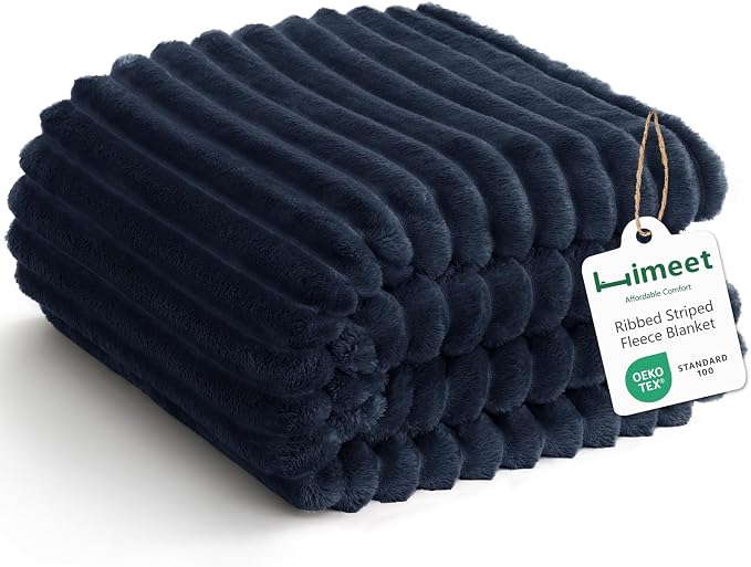 HIMEET Navy Blue Full Blanket for Bed, 300GSM Ribbed Fleece, 84 x 90 Inches | Ultra Soft Flannel, All-Season Lightweight Warmth, Bed Layering & Home Room Decor, Gift for Men & Women, Machine Washable