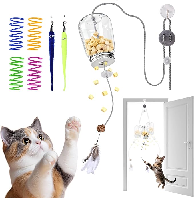 2-in-1 Hanging Cat Toy for Indoor Cats, Interactive Door Hanging Teaser & Treat Dispenser, Self Play Kitten Toy with Feather, Springs & Rope, Boredom Relief for Home Alone Cats