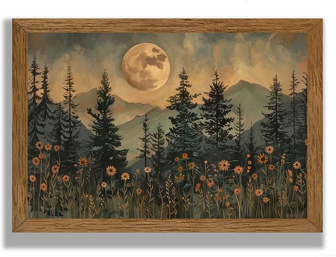 JLTULT Vintage Pine Tree Wall Art, Moonlit Wood-Framed Canvas, 20 x 30 In | Moonlit pine forest with wildflowers, fade-resistant canvas and ready-to-hang frame for bedrooms, living rooms and offices