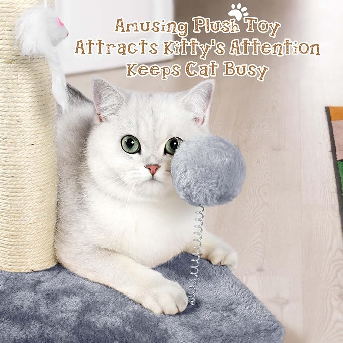 ANWA 32" Tall Sisal Cat Scratching Posts Tree for Indoor Cats Adults, Gray | Sisal Cat Scratcher, Small Space, Cat Post with Dangling Plush Toys for Indoor Cats, 15.7" Stable Base, Cat Furniture