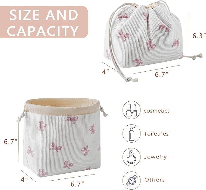 RSRSLEII Aesthetic Corduroy Drawstring Makeup Bag, Cute Coquette Drawstring Cosmetic Bag with Canvas Lining, Pink Bow Pattern Travel Makeup Organizer Case for Women Girls (08 White Pinkbow)