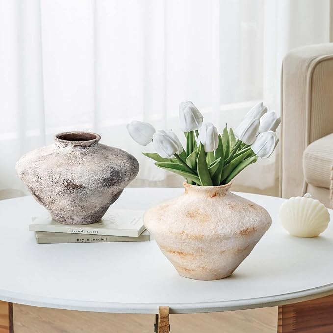 Rustic Ceramic Flower Vase, YBX White Ceramic Vase 5.6 Inches, Retro Distressed Textured Pottery Small Vase, Farmhouse Decorative Vases for Home Decor, Centerpieces, Hallway, Shelf Decorations, White
