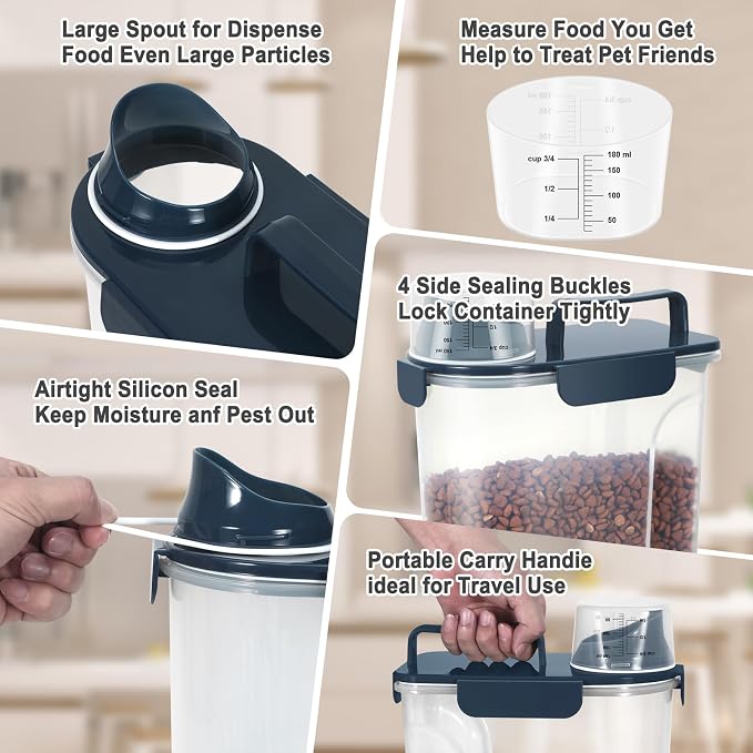 Dog Cat Food Storage Container with Cup (Ink Blue, 5L)