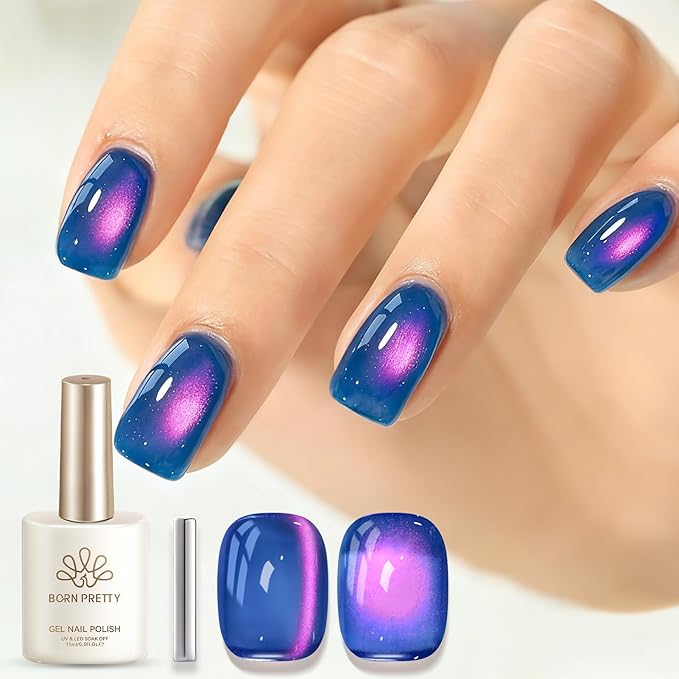 Born Pretty Jelly Glass Navy Blue Cat Magnetic Eye Gel Polish,2026 Spring Summer Fruit Navy Blue Holographic Glitter Shimmer Sheer Magnetic Gel Polish Salon DIY at Home