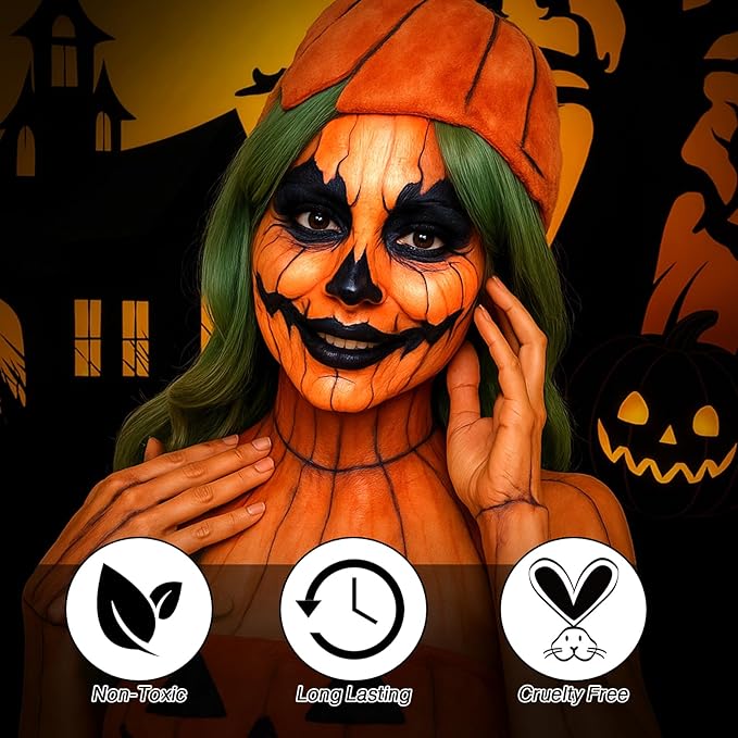 Black Yellow Orange Face Body Paint Pumpkin Halloween Makeup, CreamBlendable Facepaint Non-Toxic for Kids Adults Scarecrow Clown Tiger Lion Costume SFX Cosplay Bodypaint Looks Sport Colored Eye Black