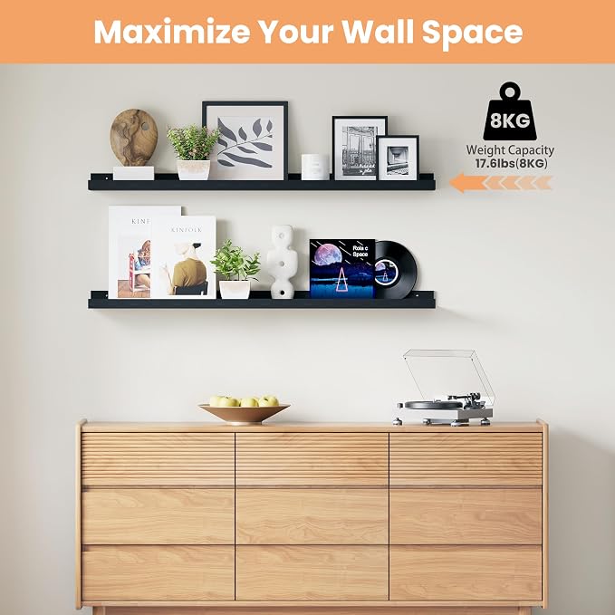 upsimples Floating Shelves for Wall Decor and Storage, Black, 6Pcs 47.3'' | Wall Mounted Wood Shelves for Living Room, Bedroom, Kitchen, Office, Hallways Display and Organize Photos