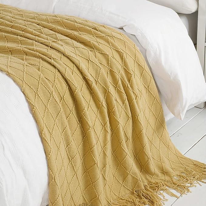 BOURINA Mustard Throw Blanket 50x90 Inch Boho Knit Soft Throw Sofa Blanket | Knitted Throw Blanket 50x90 Inches, Soft Lightweight Boho Weave Throw Decorative Couch Blanket for Living Room Bed Runner
