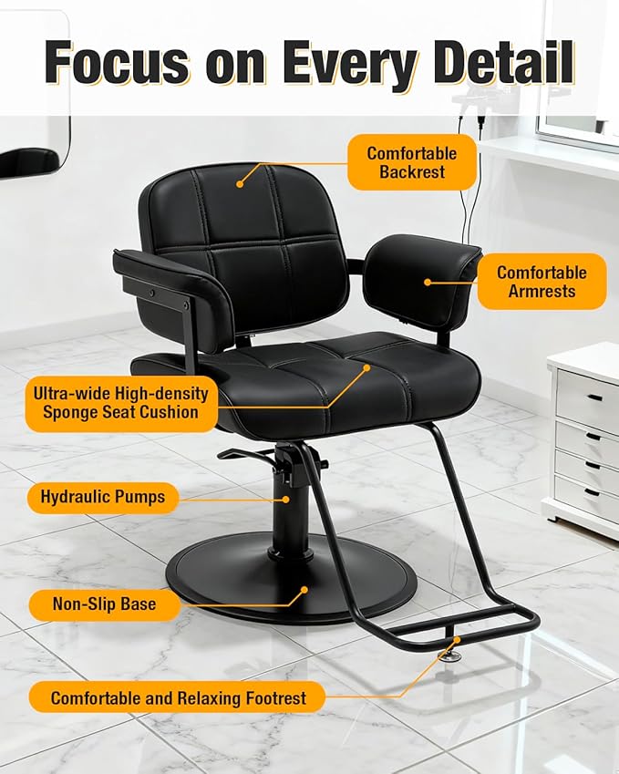 Barber Salon Chair Extra-Wide Seat Hair Salon Chair Hydraulic Pump Barber Chair, 360° Swivel Height Adjustable Styling Chair Spa Beauty Equipment for Hair Stylists, Tattoo Artists, Cosmetologists