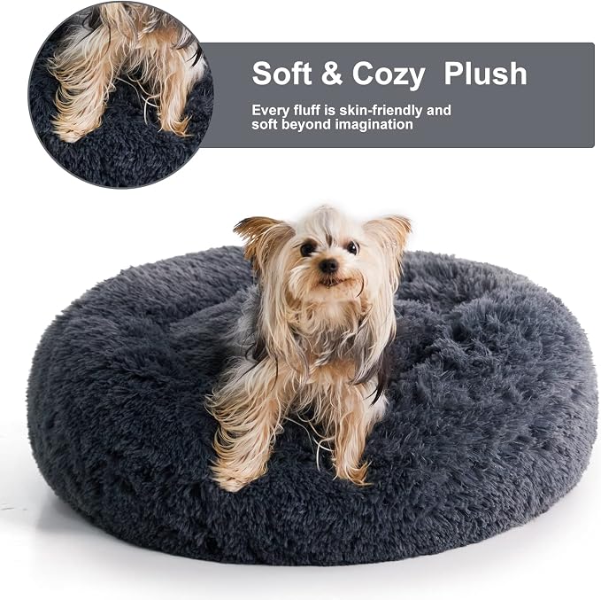 WNPETHOME Small Round Calming Dog Bed Cat Bed for Comfy Sleep | Dog Bed For Small Dog, Cute Washable Puppy Bed with Fuzzy Plush, Fur Anxiety Pet Bed Donut Cuddler (24x24x8in, Navy Blue)
