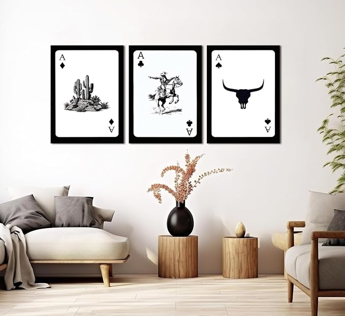 Western Cowboy Wall Art Set of 3 Southwestern Cowboy Print Playing Card Canvas Wall Decor Longhorn Bull Skull Poster Picture Prints Painting for Bedroom Living Room 12x16 In Framed