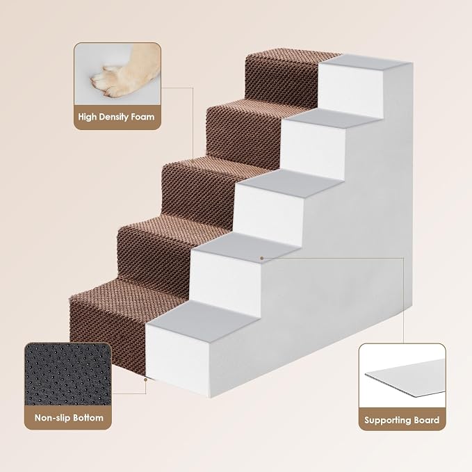 EHEYCIGA Dog Stairs for High Bed 22.5" H, 5-Step Dog Steps, Brown | Pet Steps for Small Dogs and Cats for Bed, Non-Slip Balanced Pet Ramp Indoor