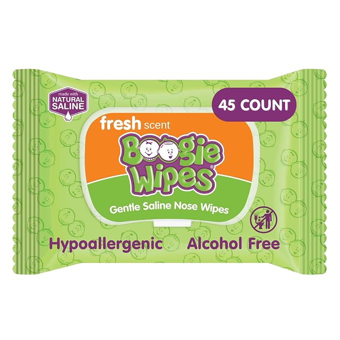 Boogie Wipes Saline Nose Wipes - 45 Count - Fresh Scent, Hypoallergenic & Alcohol-Free - Allergy Relief - Made with Natural Saline, Aloe, Chamomile & Vitamin E - Diaper Bag Essential