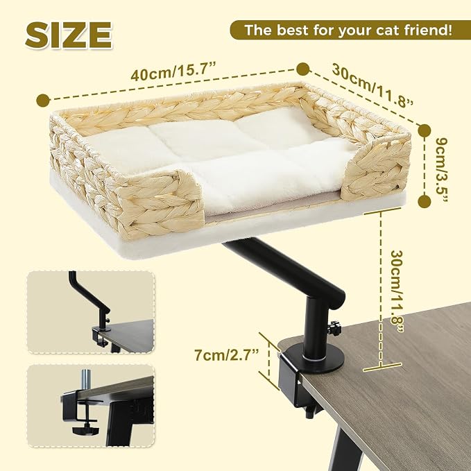PAWZ Road Cat Desk Bed for Indoor Cats, Wicker Cat Bed for Desk Supports Up to 50 lbs, 360° Rotation & Adjustable Soft Plush Cats Hammock for Desktop, White