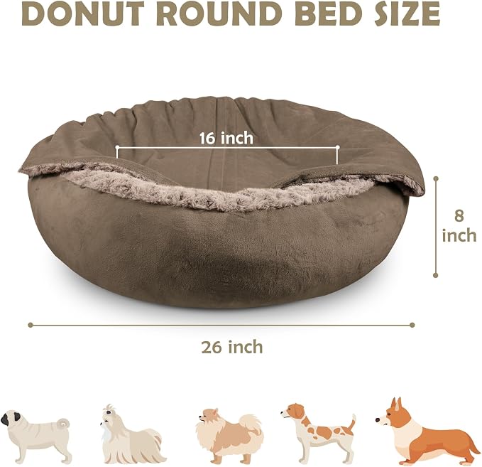 JOEJOY Small Dog Bed Cat Bed with Hooded Blanket, Cozy Cuddler Luxury Puppy Pet Bed, Donut Round Calming Anti-Anxiety Dog Burrow Cave Bed - Anti-Slip Bottom and Machine Washable 26 inch