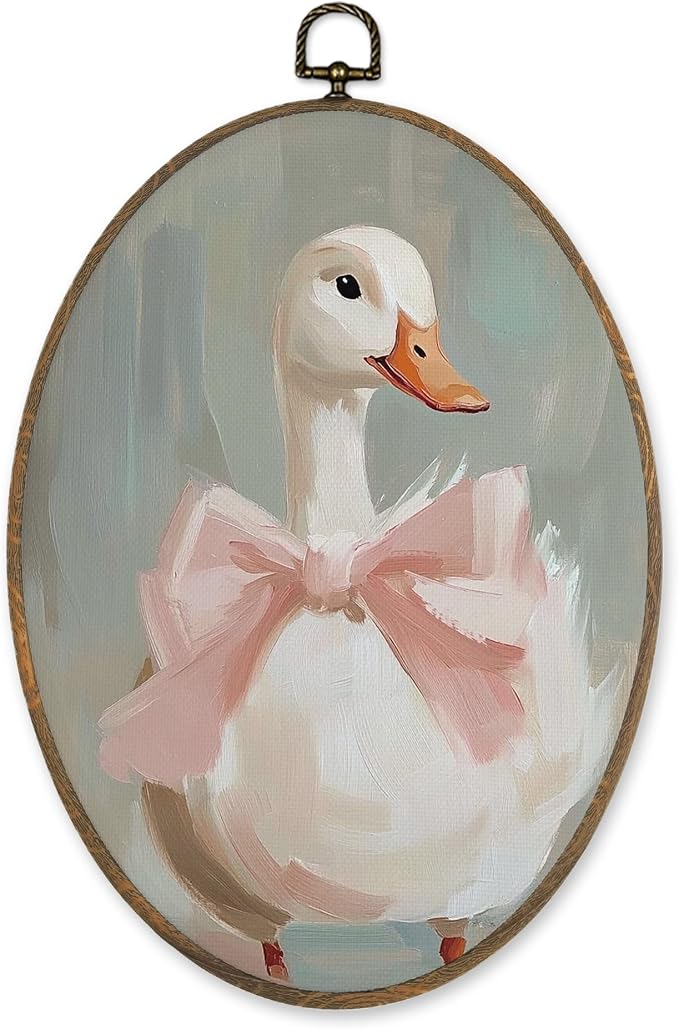 LKETW Coquette Pink Bow Goose Oval Wall Art Decor, Vintage Goose Oval Canvas Hanging Decor, Preppy Farmhouse Animal Wall Decorations for Girly Room Bedroom Dorm Home, 8.6x11.4 Inch