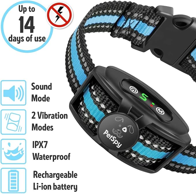 PetSpy No Shock Bark Collar for Dogs Barking Control Humane Waterproof Training Device w/2 Anti-Bark Dual Vibration & Beep for Small Medium Large Dog