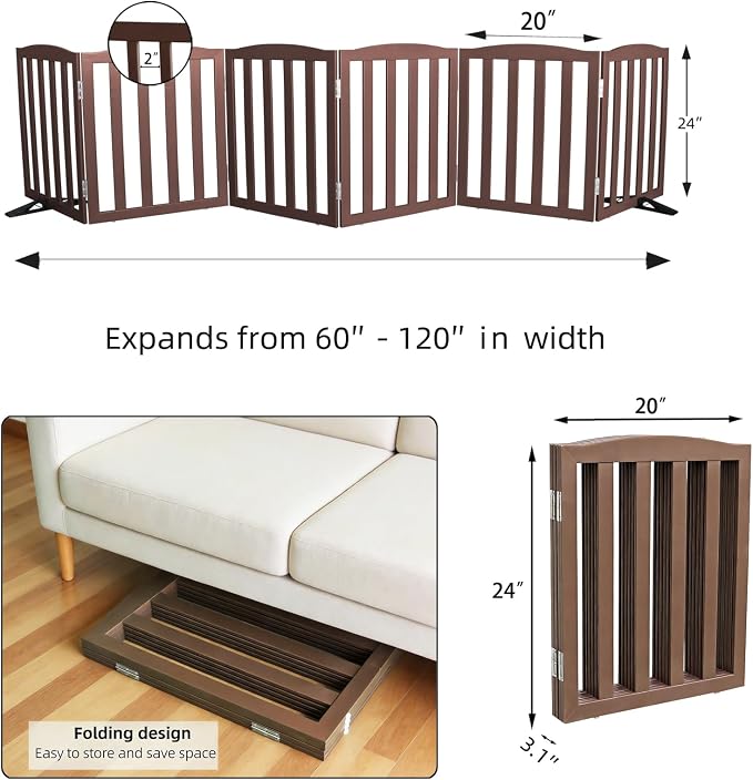 ZJSF Foldable Freestanding Indoor Dog Gate for House Wood Long Pet Gates Dog Fence for Stairs Puppy Gates for Hallways, Puppy Gate,Support Feet Included, Brown, 24 "Height-6 Panels