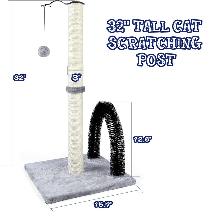 ANWA 32" Tall Cat Scratching Post with Arch Groomer, Natural Sisal, Gray | Natural Sisal Post for Indoor Cats Adults, Stable Cat Post with Plush Toys, Self-grooming Brush, Cat Furniture, Small Space