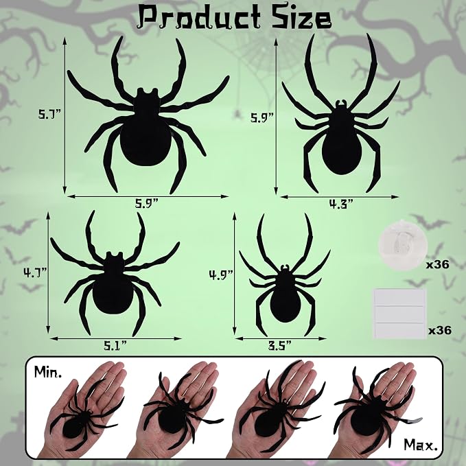 DR.DUDU 36 Pack Halloween Wall Decor Light up Spiders, Green | 3D Spider Stickers, Removable Wall Decals, Assorted Sizes, PVC, Window Decorations, For Indoor Outdoor Bathroom Home Party