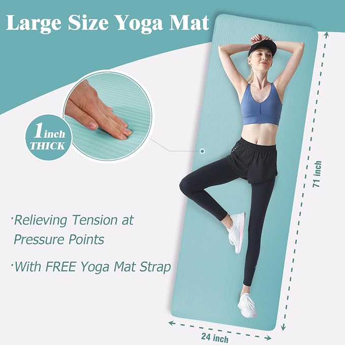 Fitvids 1 Inch Thick Yoga Mat 71x24 Inch - Non Slip Workout Mat with Carry Strap, Multiple Colors - Versatile Exercise Mat for Home, Gym, Pilates, Meditation - For All Skill Levels