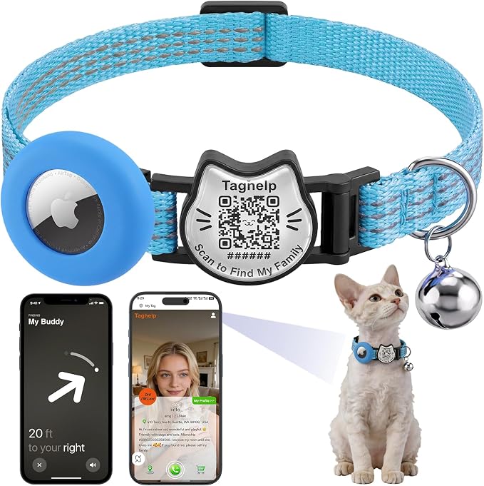 Cat Collar with AirTag Holder, QR Code Tag and Bell (Blue)
