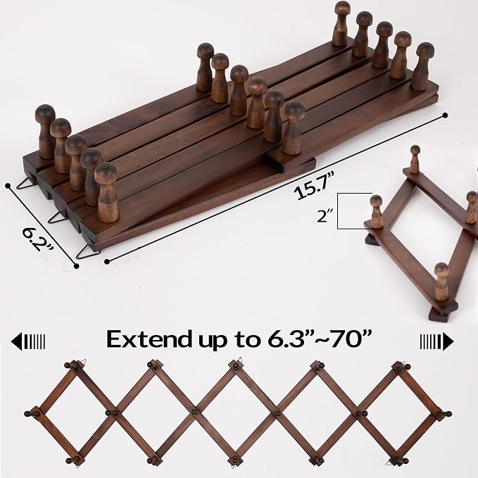 SCUNDA Hat Rack for Wall, Expandable Wall Hat Holder with 16 Hooks, 16 inch Wooden Wall Hook for Baseball Caps,Cowboy, Bag,Hoodie(Brown)