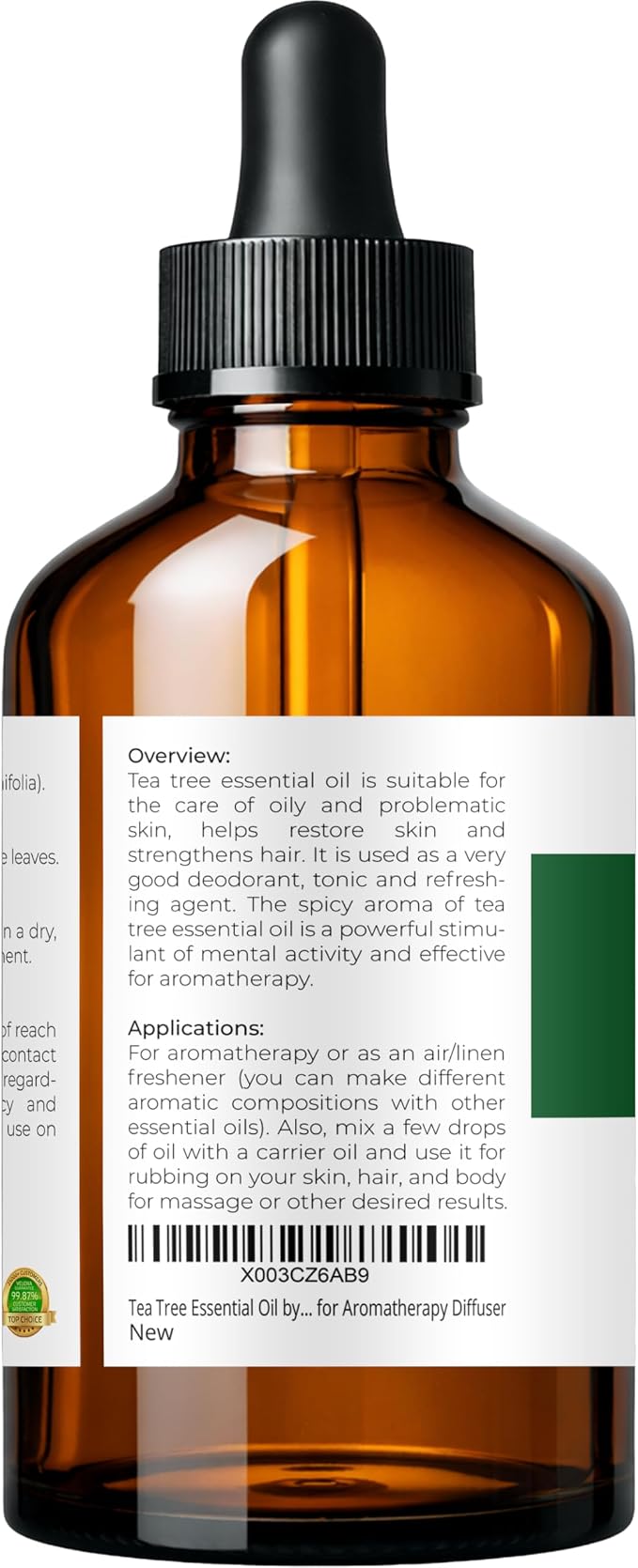 Tea Tree Essential Oil by Velona - 4 Fl Oz | Therapeutic Grade 100% Pure and Natural | for Aromatherapy Diffuser, Massage, Skincare, Haircare, Soapmaking | Undiluted and Multipurpose in Glass Bottle