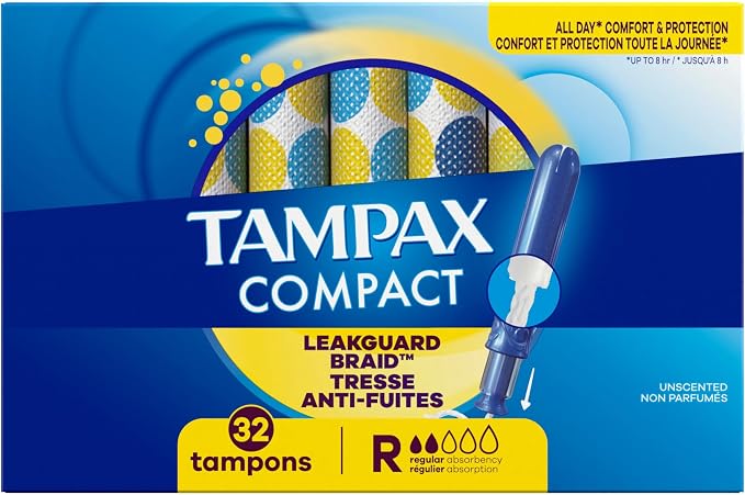 Tampax Compact Pearl Tampons for Women, with LeakGuard Braid & Extendable Applicator, Regular Absorbency, Compact Extendable Applicator, Unscented, 32 Count
