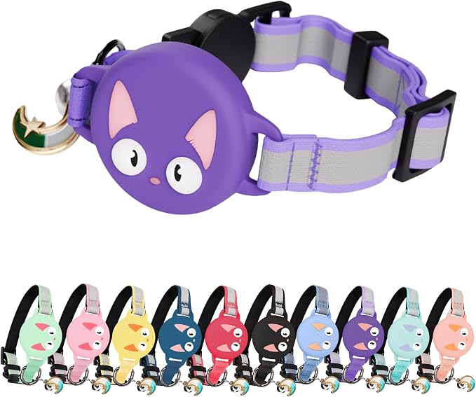 AirTag Cat Collar – Breakaway Reflective & Waterproof Collar with Built-in Holder, Adjustable with Bell for Indoor/Outdoor Cats – AirTag Not Included, Purple (9-12")