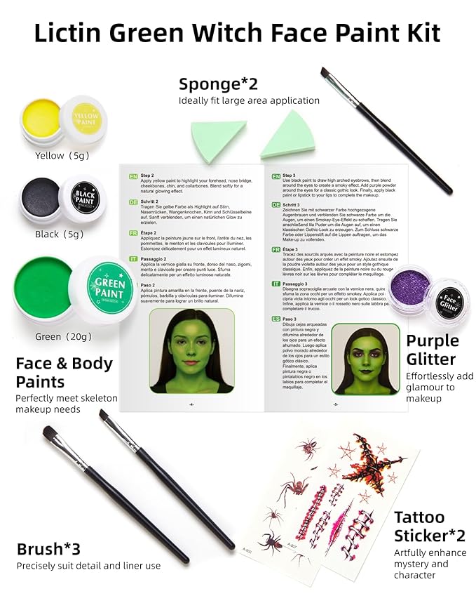 Halloween Green Witch Makeup Kit - Lictin Complete Witch Green Face Paint with Purple Glitter, Professional Witch SFX Make Up Kit for Halloween, Costume, Cosplay, Carnivals for Adults & Kids