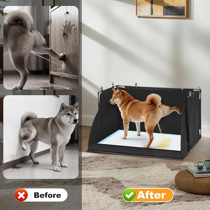 Uross Dog Pee Pad Holder with High Walls, Foldable Indoor Puppy Potty Training Station, Extra Large No-Spill Pet Litter Box Toilet for Male Dogs to Stop Peeing in House- Black