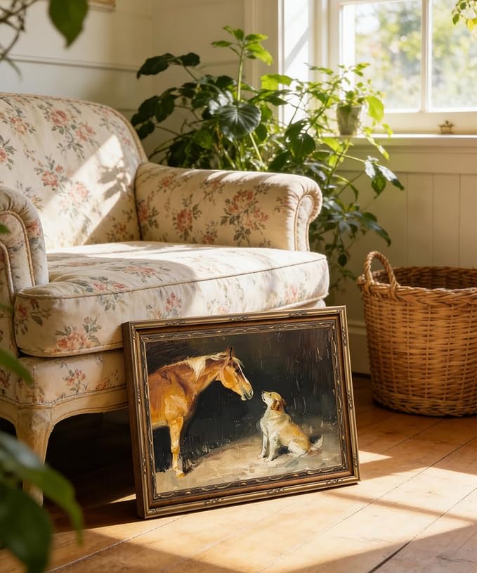 Gold Framed Wall Art Vintage Horse and Dog Wall Art Country Farmhouse Animals Wall Decor Picture Rustic Antique Gallery Aesthetic Poster Print for Bedroom Living Room 9x11in
