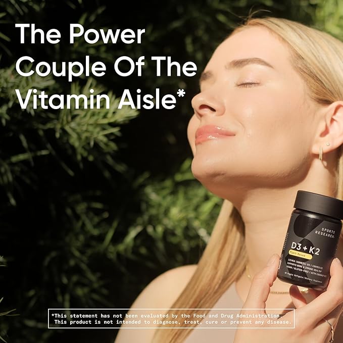 Sports Research® Vitamin D3 + K2 with 5000iu of Plant-Based D3 & 100mcg of Vitamin K2 as MK-7 | Non-GMO Verified & Vegan Certified (120ct)