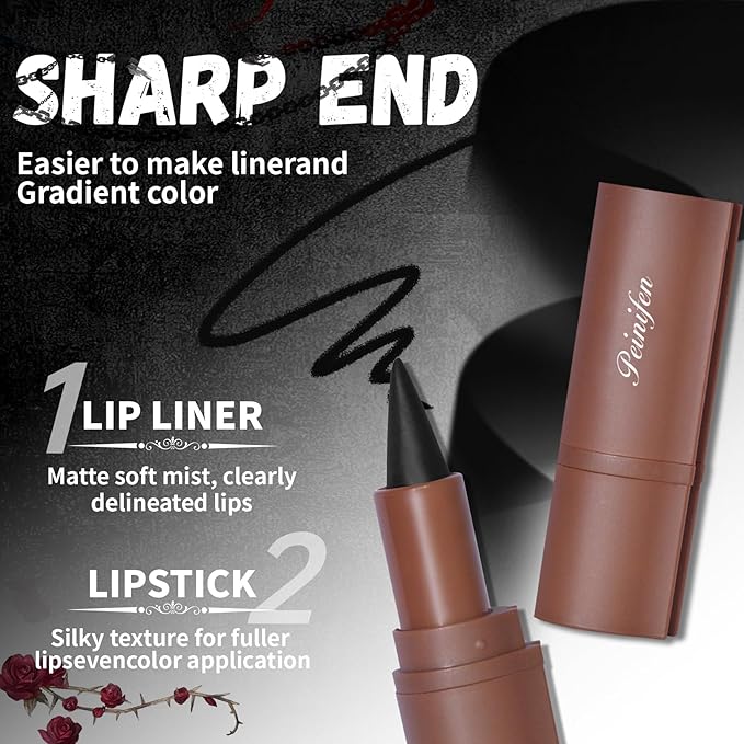 3 Colors 2 in 1 Gothic Lip Liner Set, Matte Dark Brown Red Black Lip Liner Plumping Smooth Creamy Lip Pencil, High Pigmented Long lasting Lip Stain Lipstick Goth Halloween Makeup, 06+07+08