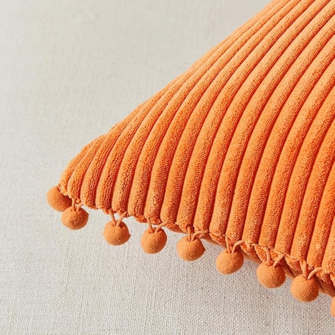 Fancy Homi Pack of 2 Corduroy Fall Decorative Throw Pillow Covers with Pom-poms, Solid Square Cushion Case Pillow Cases Set for Couch Sofa Bedroom Car Living Room (16x16 Inch/40x40 cm, Orange)