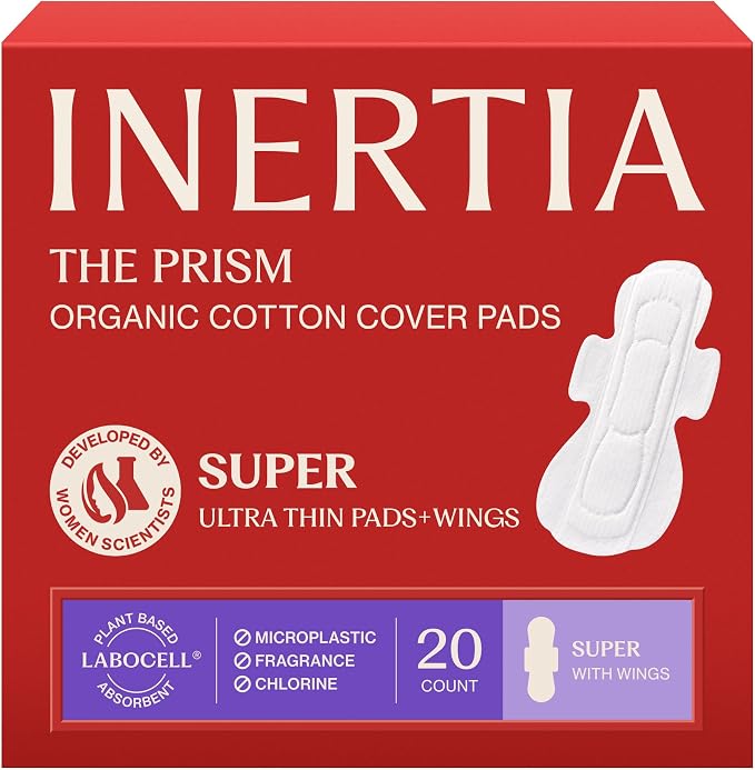 INERTIA The Prism Red – Truly Organic, Ultra Thin & Leak-Proof Korean Cotton Pads with Wings | Super Absorbency | Hypoallergenic, Super Absorbent, Chlorine-Free & Fragrance-Free (20 Count)
