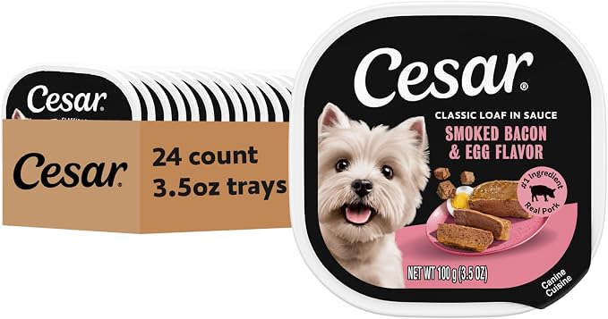 Cesar Classic Loaf in Sauce Wet Dog Food, Bacon & Egg, 3.5 oz, 24 Count | Real pork #1 ingredient, easy peel trays, Made in USA, slow-cooked for tender texture, no fillers or artificial flavors