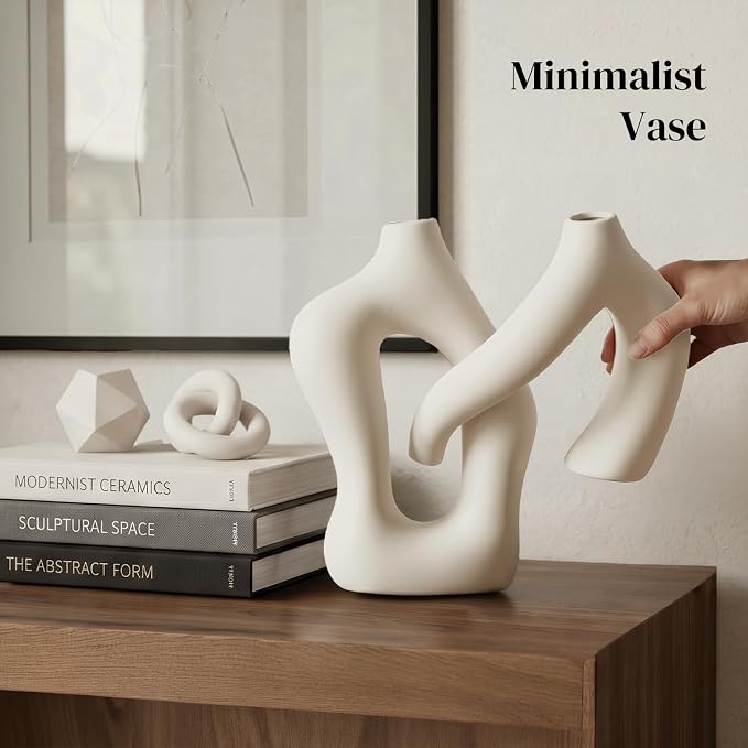 Dowan White Vases for Decor,Hollow Ceramic Vase Set of 2,8.3" Nordic Modern Boho ins Style Decorative Ceramic Aesthetic Flower Vase for Home Decor Modern Minimalist Table, Entryway Centerpieces
