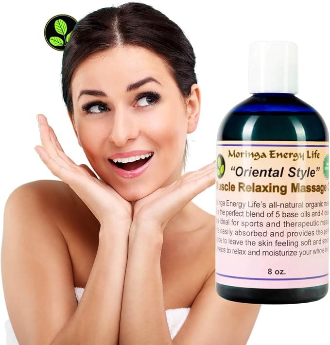 Moringa 'Oriental Style' Muscle Relaxing Massage Oil for Therapy, Date Night, Thai, Swiss, Asian, Sports Therapist for Massaging Sore Muscles, 8 oz Bottle